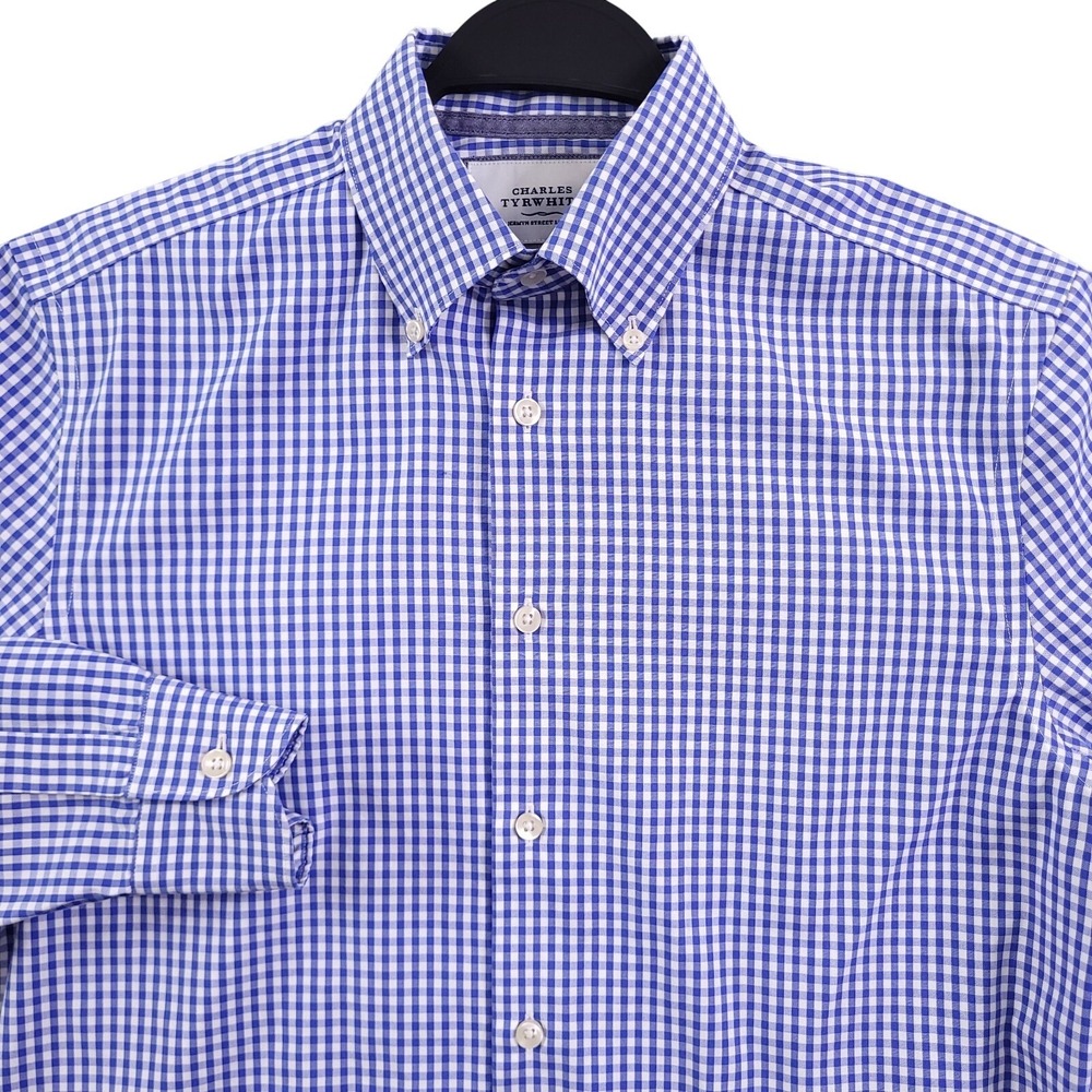Charles Tyrwhitt Dress Shirt Mens 15.5 32 Slim Fit Non Iron Blue Gingham Check